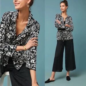 {Anthropologie} Intarsia Floral Long Sleeve One Button Cardigan Sweater Top